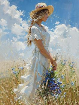 The girl wearing a hat, a white dress, and a bouquet of flowers is in the grass